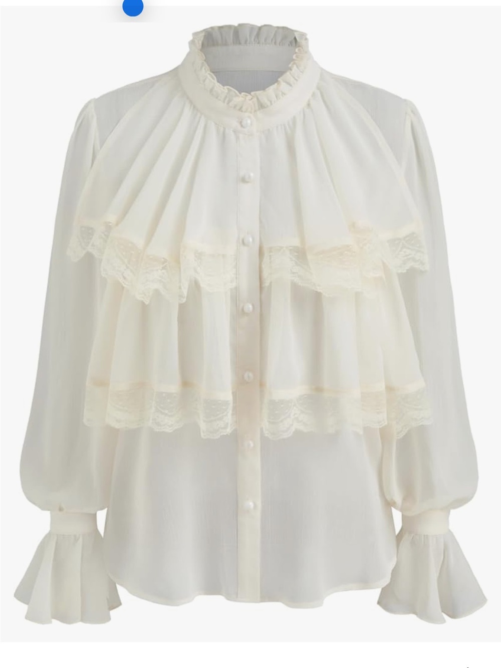 CIDER Chiffon High Neck Soild Lace Faux Pearl Long Sleeve Blouse L - Picture 2 of 12